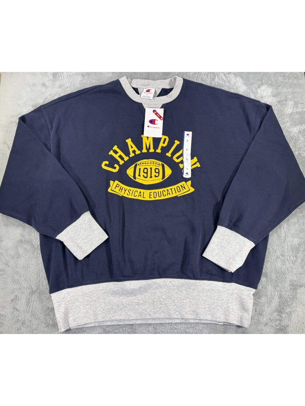 Champion Mens Physical Education 90s Colorblocked Sweatshirt Navy Blue Size L